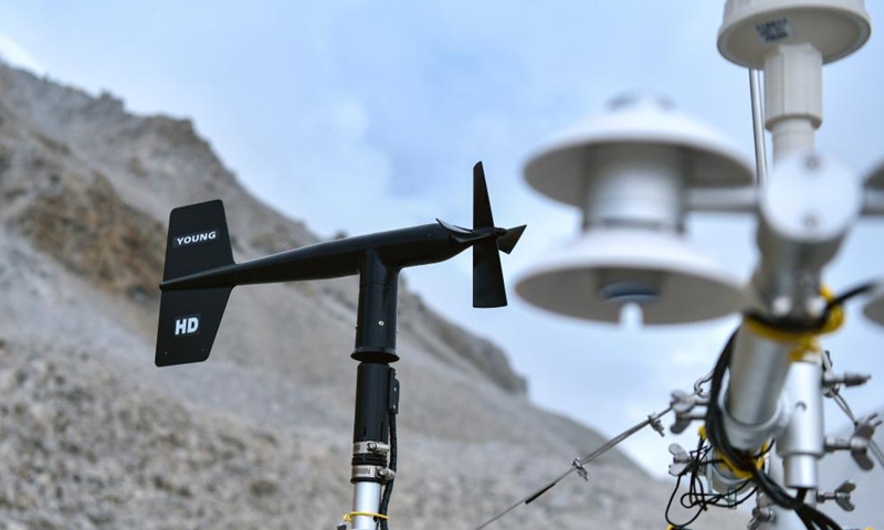 This photo taken on Sept. 29, 2023 shows an automatic meteorological station set up at the altitude of 5,700 meters on Mount Cho Oyu. A meteorological monitoring system of Mount Cho Oyu, consisting of 5 automatic meteorological stations, has been established. (Xinhua/Jigme Dorje)