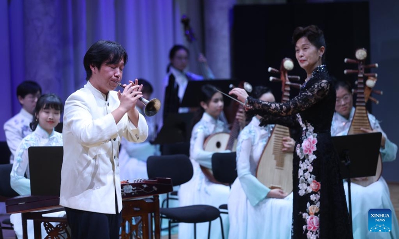 A member of China's Nanjing University's Traditional Instruments Orchestra plays Suona during a concert of Chinese classical music in Ljubljana, Slovenia, on Oct. 2, 2023. Photo: Xinhua