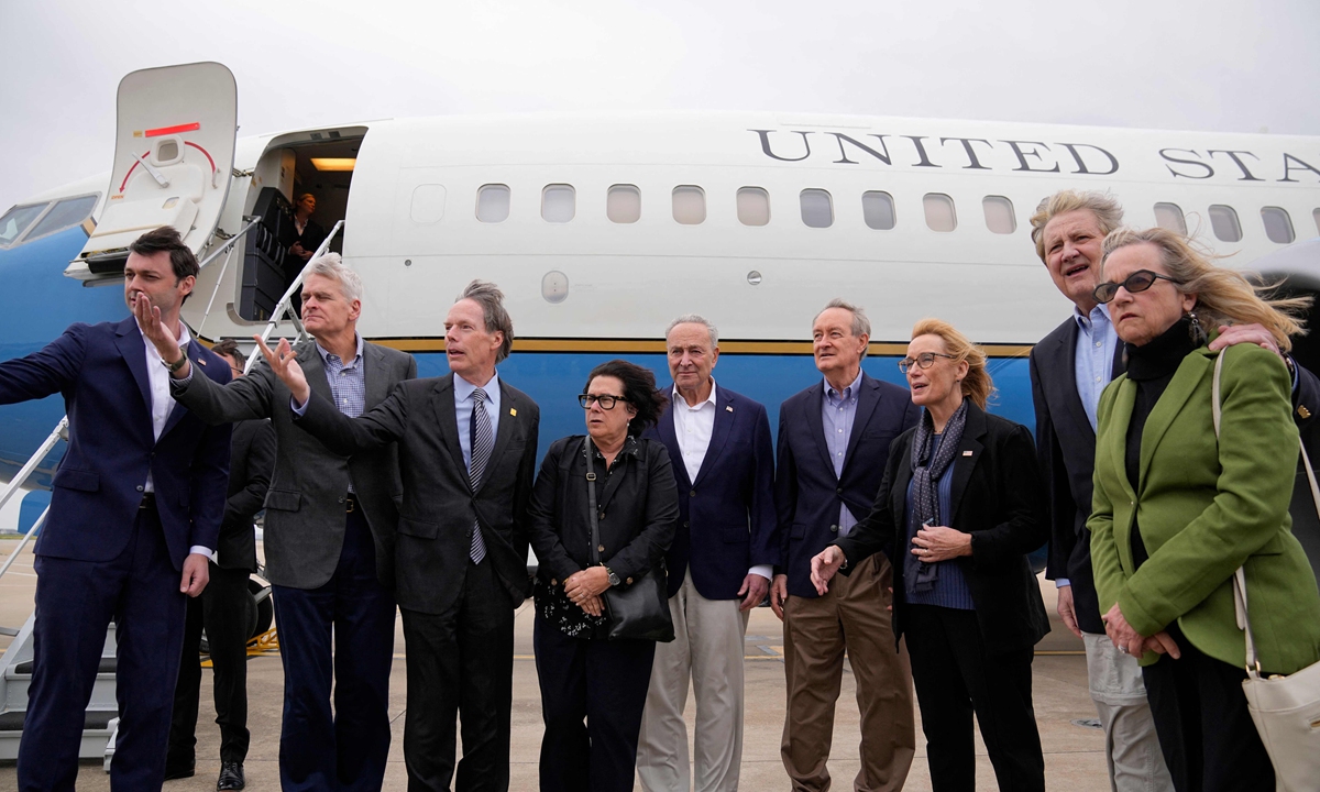 US Senate Majority Leader Chuck Schumer (center) and other members of the bipartisan delegation arrive at Shanghai Pudong International Airport to kick off their China visit on Saturday, October 7, 2023. Photo: VCG
