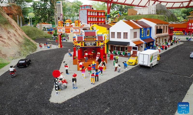 This photo taken on Oct. 6, 2023 shows a model of Jonker Walk in Malacca built with Lego bricks displayed at Legoland Malaysia in Johor Bahru, Malaysia.(Photo: Xinhua)