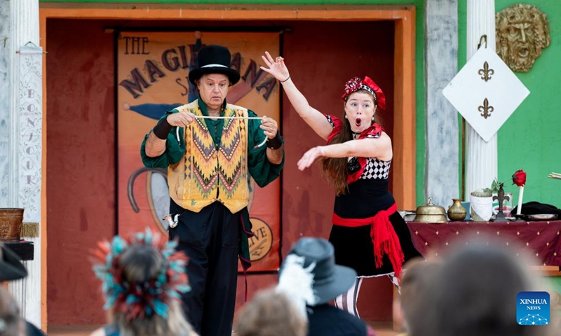 People dressed in costumes perform during Texas Renaissance Festival in Todd Mission, Texas, the United States, Oct. 7, 2023. Texas Renaissance Festival kicked off in the western U.S. state of Texas on Saturday, bringing the magic of the Renaissance time to life through Nov. 26.(Photo: Xinhua)