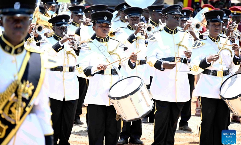 Members of Uganda Police Force Brass Band perform during the celebrations to mark Uganda's 61st Independence Day anniversary in the district of Kitgum, Northern Uganda, Oct. 9, 2023. Uganda on Monday held events to celebrate its 61st Independence Day anniversary.(Photo: Xinhua)