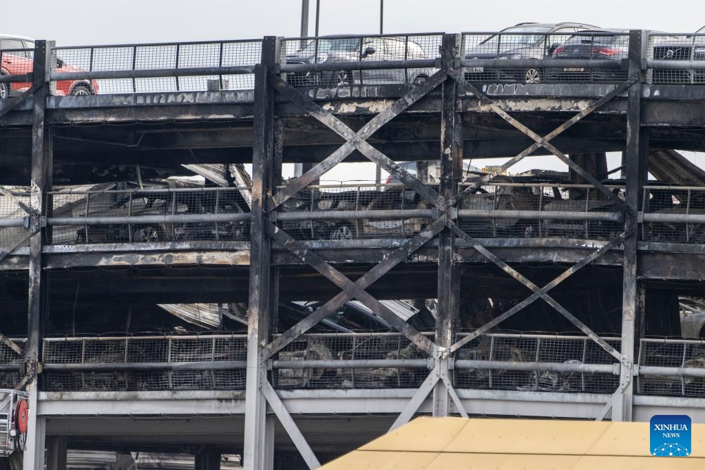 This photo taken on Oct. 11, 2023 shows the damaged Terminal Car Park 2 caused by a fire at the London Luton Airport in Britain. All flights at London Luton Airport have been suspended until Wednesday afternoon after a massive blaze ripped through one of its car parks.(Photo: Xinhua)