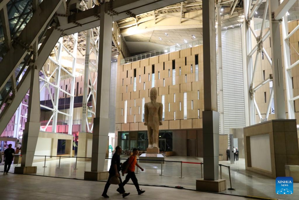 This photo taken on Oct. 8, 2023 shows a view of the grand hall of the Grand Egyptian Museum in Giza, Egypt. Constructed on approximately 500,000 square meters, the Grand Egyptian Museum is located nearby the Giza Pyramids. It will be, after opening, one of the largest museums in the world presenting a heritage of ancient civilizations.(Photo: Xinhua)