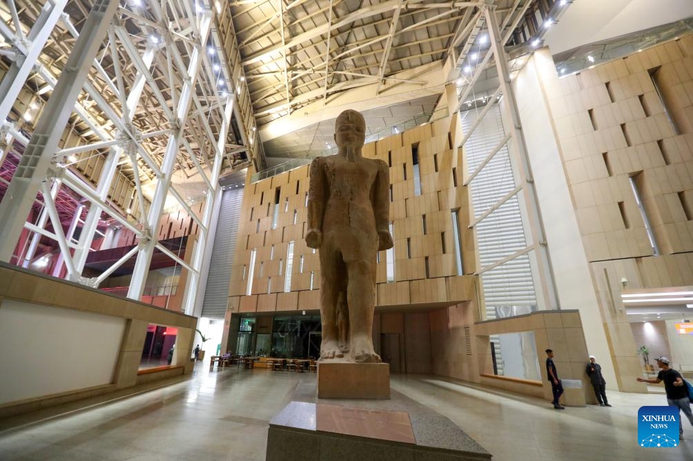 This photo taken on Oct. 8, 2023 shows a view of the grand hall of the Grand Egyptian Museum in Giza, Egypt. Constructed on approximately 500,000 square meters, the Grand Egyptian Museum is located nearby the Giza Pyramids. It will be, after opening, one of the largest museums in the world presenting a heritage of ancient civilizations.(Photo: Xinhua)