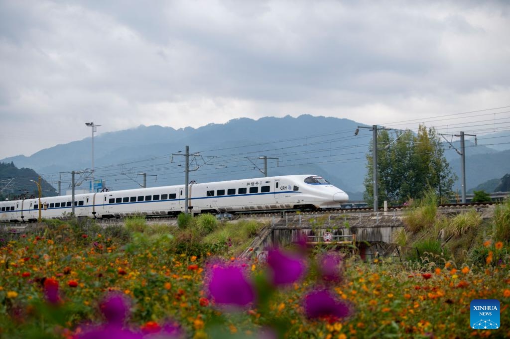 A bullet train runs on a section of the Guiyang-Guangzhou high-speed railway in Congjiang County, southwest China's Guizhou Province, Oct. 10, 2023. In 2014, the Guiyang-Guangzhou High-speed Railway connecting Guiyang, capital of southwest China's Guizhou Province, and Guangzhou, capital of south China's Guangdong Province, went into operation.(Photo: Xinhua)