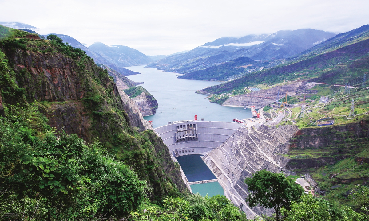 The cumulative power generation of the Baihetan hydropower plant, which straddles Southwest China's Yunnan and Sichuan Provinces, exceeds 100 billion kilowatt hours as of October 12, 2023.  This is equivalent to reducing carbon dioxide emissions by about 82.4 million tons. The hydropower station is the world's second-largest in terms of total installed capacity. Photo: VCG