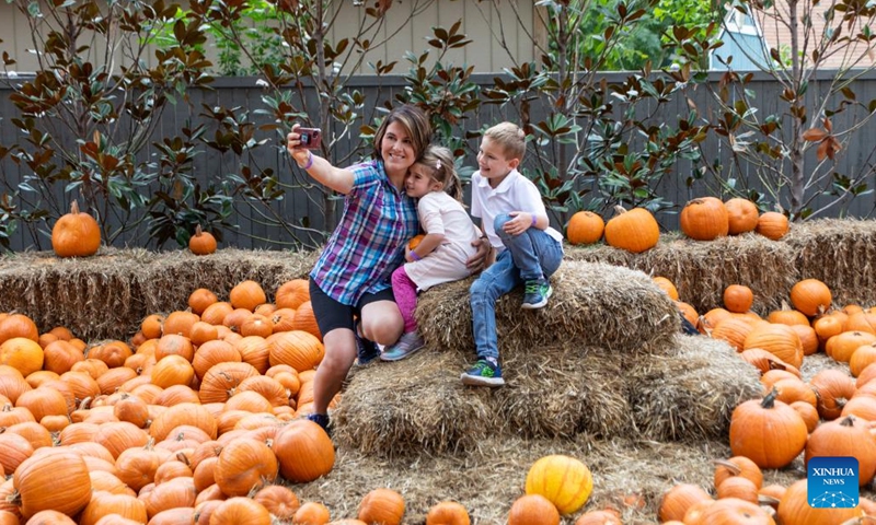 A woman takes a selfie in Dallas Arboretum's Pumpkin Village, Texas, the United States, on Oct. 12, 2023. The nationally-acclaimed Pumpkin Village at Dallas Arboretum features pumpkin houses and creative displays fashioned from more than 100,000 pumpkins, gourds and squash. (Photo: Xinhua)