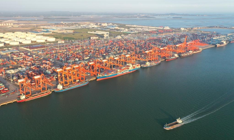 This aerial photo taken on Oct. 3, 2023 shows the Qinzhou Port in Qinzhou, south China's Guangxi Zhuang Autonomous Region. (Photo: Xinhua）