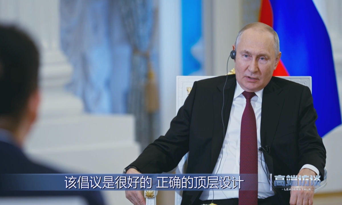 Russian President Vladimir Putin talks about China's Belt and Road Initiative in an interview with China Media Group (CMG) on October 15, 2023. Photo: Snapshot from CMG.