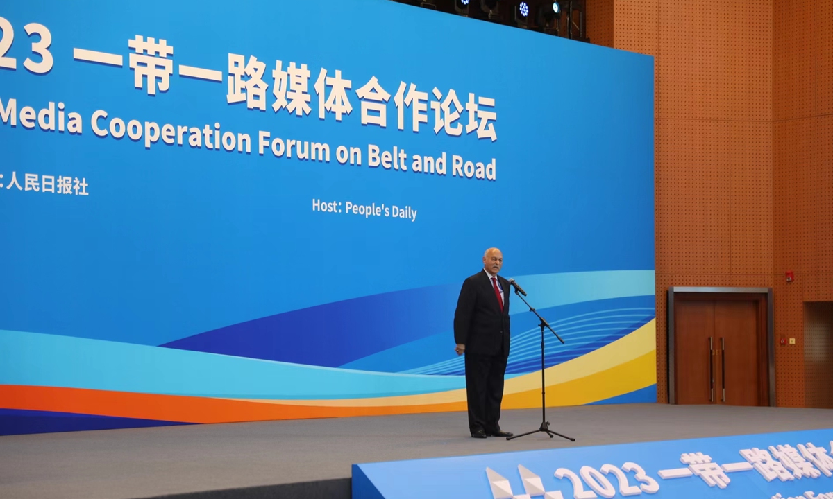 Mushahid Hussain Syed, head of Pakistan's Friends of Silk Road Club and chairman of the Pakistan-China Institute, delivers a speech at the 2023 Media Cooperation Forum on Belt and Road in Beijing on October 19, 2023. Photo: Courtesy of the People's Daily 