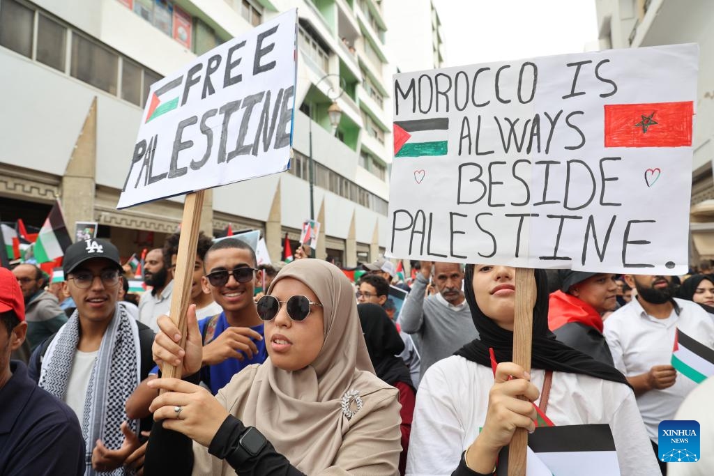 People gather in a rally to support Palestinians in downtown Rabat, Morocco, on Oct. 15, 2023.(Photo: Xinhua)