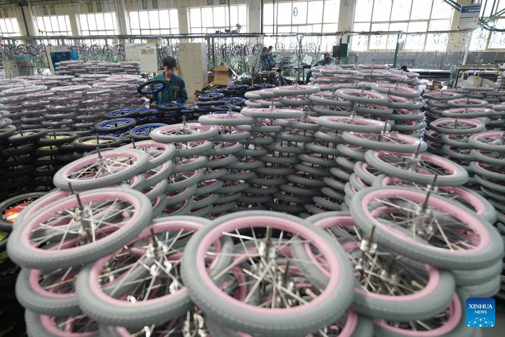 A worker arranges tires for children bicycles at a manufacturing company in Pingxiang County, north China's Hebei Province, Oct. 16, 2023. Pingxiang, dubbed the city of children wheels, has made great efforts in boosting its children bicycle business in recent years. Products here have been sold to over 60 countries and regions including Russia, Vietnam, Kenya and Sri Lanka.(Photo: Xinhua)