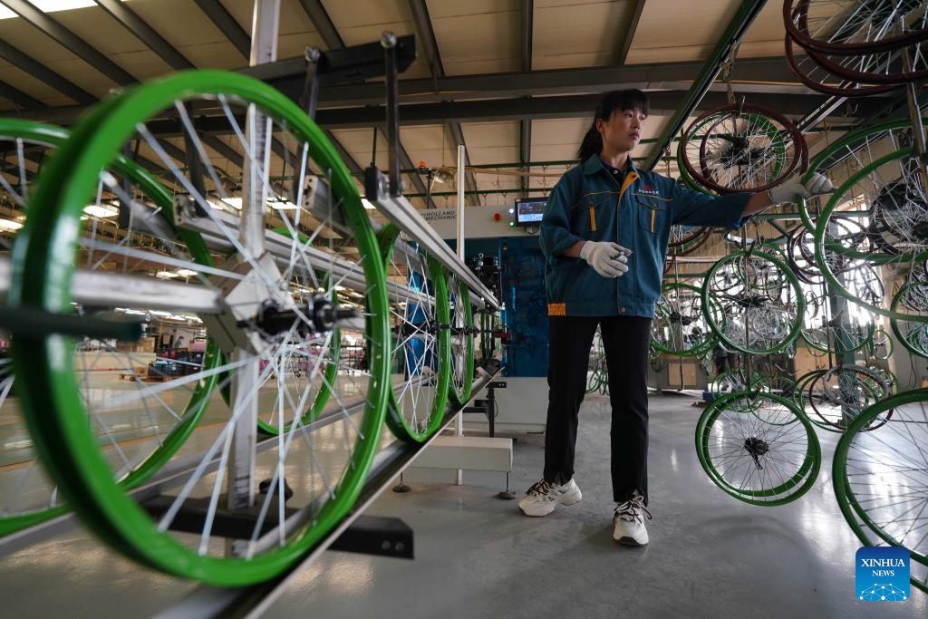 A worker operates on the production line of children bicycle at a manufacturing company in Pingxiang County, north China's Hebei Province, Oct. 16, 2023. Pingxiang, dubbed the city of children wheels, has made great efforts in boosting its children bicycle business in recent years. Products here have been sold to over 60 countries and regions including Russia, Vietnam, Kenya and Sri Lanka.(Photo: Xinhua)