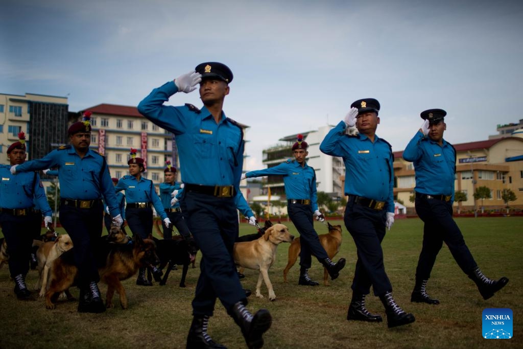 Police officers perform during the celebration of National Police Day at the Nepal Police headquarters in Kathmandu, Nepal, Oct. 17, 2023.(Photo: Xinhua)