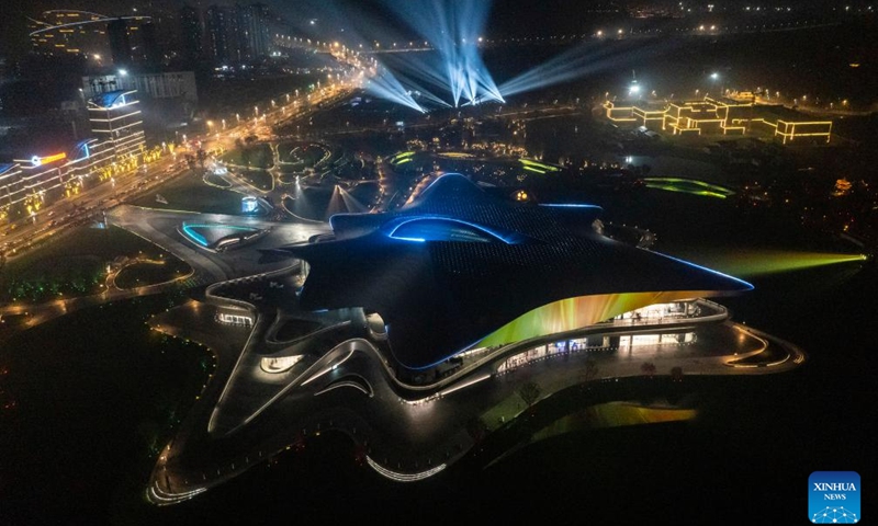 This aerial photo taken on Oct. 16, 2023 shows a night view of the Chengdu Science Museum, main venue for the 81st World Science Fiction Convention (WorldCon), in Chengdu, southwest China's Sichuan Province. The five-day 2023 WorldCon will be opened in Chengdu on Wednesday.(Photo: Xinhua)