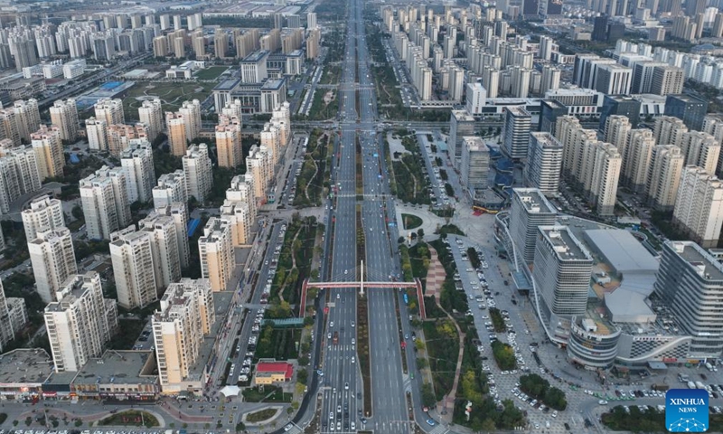 This aerial photo taken on Oct. 17, 2023 shows a city view of Lanzhou New Area in northwest China's Gansu Province. In 2012, Lanzhou New Area was approved by the State Council as the fifth national level special economic development zone, which is also the first state-level new development area in the northwest of China.(Photo: Xinhua)