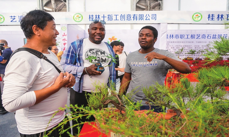 Visitors from Nigeria browse flowers and seedlings at an exhibition held in Guilin, South China's Guangxi Zhuang Autonomous Region on October 18, 2023. The exhibition covers an area of 1,333 hectares, with more than 1,000 exhibitors and nearly 2,000 varieties of flowers and seedlings in nearly 1 million pots. Photo: cnsphoto