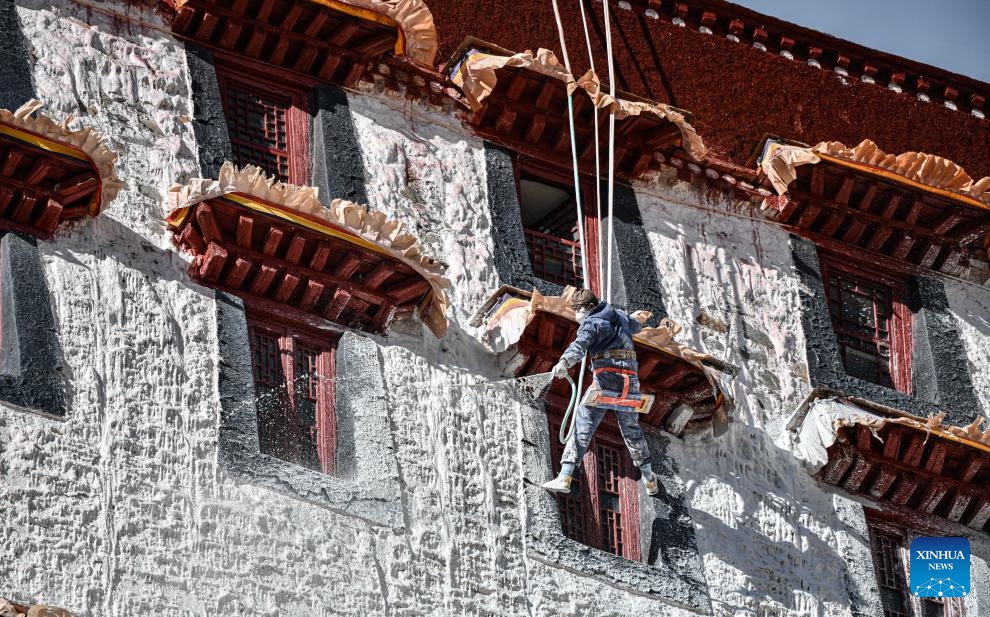 A worker paints the wall of the Potala Palace during an annual renovation of the ancient architectural complex in Lhasa, southwest China's Tibet Autonomous Region, Oct. 18, 2023.(Photo: Xinhua)