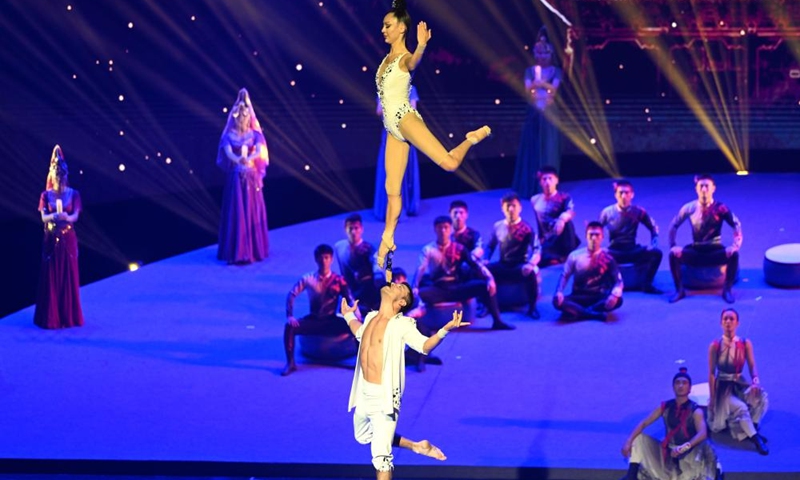 Acrobats perform at the opening ceremony of the 19th China Wuqiao International Circus Festival in Shijiazhuang, north China's Hebei Province, Oct. 20, 2023. The 10-day event, which opened here on Friday, will showcase the latest developments in the world of acrobatics and circus arts. (Photo: Xinhua)