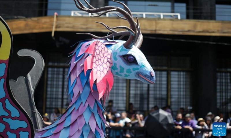 A sculpture of an alebrije is seen during the Monumental Alebrijes Parade 2023 in Mexico City, capital of Mexico, Oct. 21, 2023. Alebrijes are brightly colored folk art sculptures of fantastical creatures. (Photo: Xinhua)