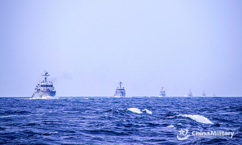 Vessels attached to a naval minesweeper flotilla of the PLA Navy sail in formation during a round-the-clock mine-countermeasures (MCM) training exercise. The exercise, which was held in unfamiliar sea areas from September 9 to September 13, 2023, aimed to hone the troops' combat  capabilities. (eng.chinamil.com.cn/Photo by He Yuqian)