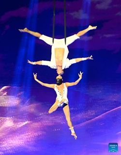 Acrobats perform at the opening ceremony of the 19th China Wuqiao International Circus Festival in Shijiazhuang, north China's Hebei Province, Oct. 20, 2023. The 10-day event, which opened here on Friday, will showcase the latest developments in the world of acrobatics and circus arts. (Photo: Xinhua)