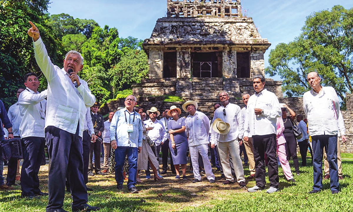 Mexican President Andres Manuel Lopez Obrador (left) speaks during the migration summit at the archaeological zone of Palenque, Chiapas state, Mexico on October 22, 2023. The presidents and foreign ministers of a dozen Latin American countries are discussing mechanisms on the day in Mexico that contribute to orderly migration, at a time when tens of thousands of people seek to reach the border with the US. Photo: VCG