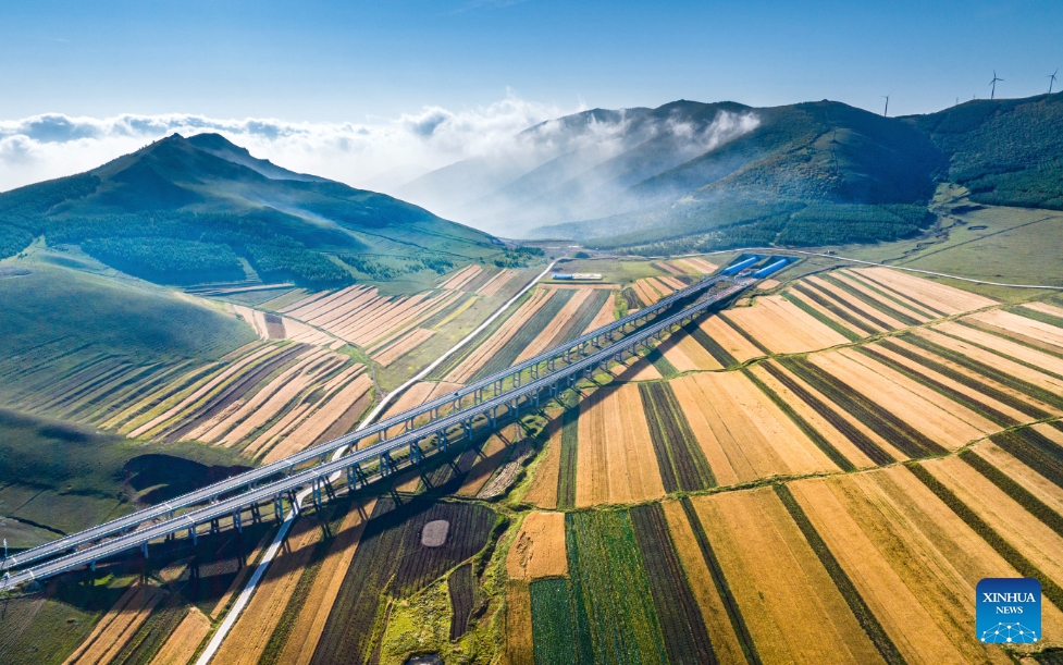 This aerial photo shows the view of autumn scenery in Zhangbei County, Zhangjiakou City, north China's Hebei Province, September 7, 2023. In autumn, leaves change color as the temperature falls. Green, yellow, orange, and red hues paint the landscape in north China, creating beautiful color palettes.(Photo: Xinhua)