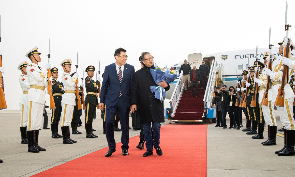 President of the Republic of Colombia Gustavo Francisco Petro Urrego (right) arrives for a state visit in Beijing, China on October 24, 2024. Photo: VCG