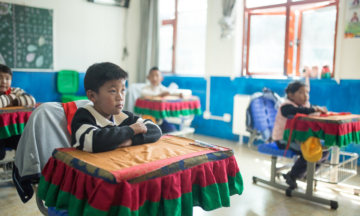 Students at the school in Yumai learn a Tibetan language song during a music lesson on October 25, 2023. Photo: Shan Jie/GT