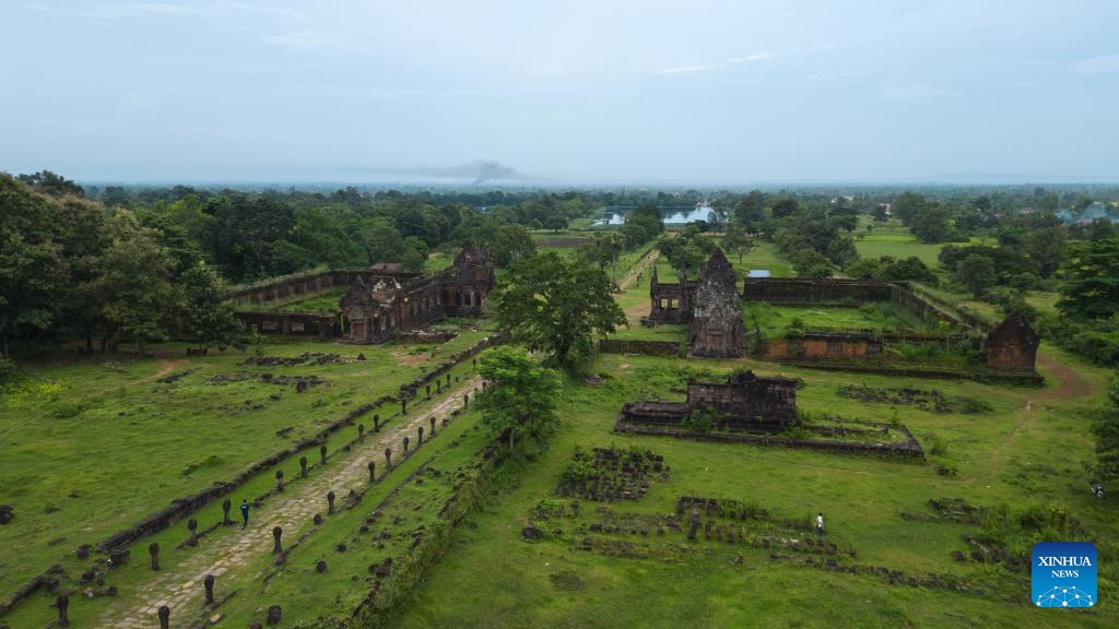 This aerial photo taken on Oct. 20, 2023 shows the Vat Phou temple in Champasak, Laos. The Vat Phou temple complex in Champassak province was declared a World Heritage Site in 2001.(Photo: Xinhua)