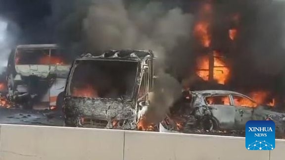 An image from Facebook shows the scene of multiple vehicle collisions in Beheira governorate, Egypt, Oct. 28, 2023. At least 35 people were killed and 53 others injured Saturday in multiple vehicle collisions on a desert road in Egypt's Beheira governorate, state-run Ahram newspaper reported. (Photo: Xinhua)