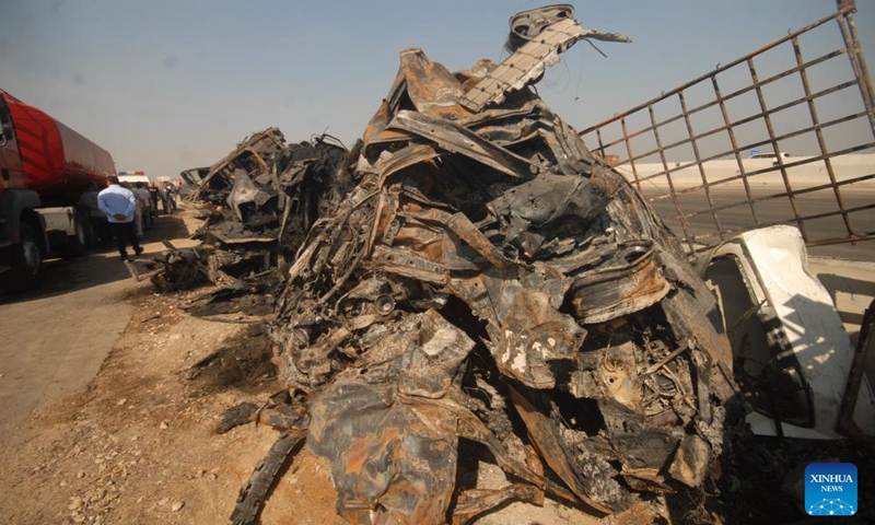 Destroyed vehicles are seen at the scene of multiple vehicle collisions in Beheira governorate, Egypt, Oct. 28, 2023. At least 35 people were killed and 53 others injured Saturday in multiple vehicle collisions on a desert road in Egypt's Beheira governorate, state-run Ahram newspaper reported. (Photo: Xinhua)