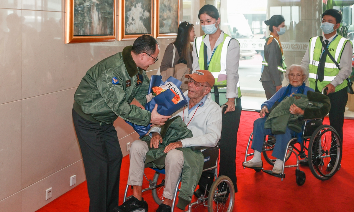 Harry Moyer, a 102-year-old Flying Tigers veteran, visits Beijing on October 29, 2023, along with other guests. Arriving in Shanghai on October 28, Moyer is also scheduled to visit cities in Southwest China, including Liuzhou and Kunming. Photo: VCG