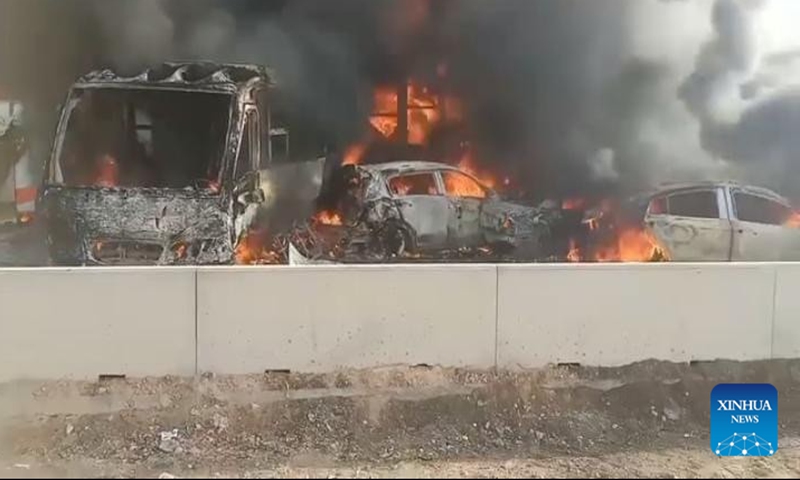 An image from Facebook shows the scene of multiple vehicle collisions in Beheira governorate, Egypt, Oct. 28, 2023. At least 35 people were killed and 53 others injured Saturday in multiple vehicle collisions on a desert road in Egypt's Beheira governorate, state-run Ahram newspaper reported. (Photo: Xinhua)