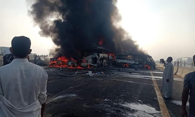 An image from Facebook shows the scene of multiple vehicle collisions in Beheira governorate, Egypt, Oct. 28, 2023. At least 35 people were killed and 53 others injured Saturday in multiple vehicle collisions on a desert road in Egypt's Beheira governorate, state-run Ahram newspaper reported. (Photo: Xinhua)