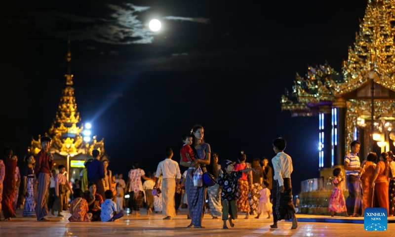 People visit the Uppatasanti Pagoda during the Thadingyut Festival in Nay Pyi Taw, Myanmar, Oct. 29, 2023. Myanmar's traditional Thadingyut festival starts on Oct. 28 this year. The Thadingyut Festival, known as the the lighting festival, is traditionally celebrated for three days. (Photo: Xinhua)