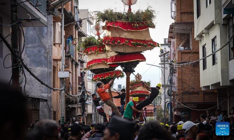 People celebrate the Hadigaun festival in Kathmandu, Nepal, Oct. 29, 2023. The Hadigaun festival is celebrated every year after the Dashain festival. (Photo: Xinhua)