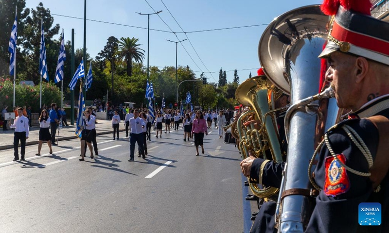 Students attend a national Ochi (No) Day parade in Athens, Greece, Oct. 28, 2023. Ochi was the response given on Oct. 28, 1940, by the then head of the Greek government to Italy's ultimatum to surrender the country to the Axis forces. It marked Greece's entry in World War Two.(Photo: Xinhua)