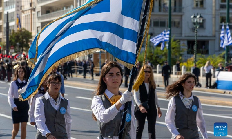 Students attend a national Ochi (No) Day parade in Athens, Greece, Oct. 28, 2023. Ochi was the response given on Oct. 28, 1940, by the then head of the Greek government to Italy's ultimatum to surrender the country to the Axis forces. It marked Greece's entry in World War Two.(Photo: Xinhua)