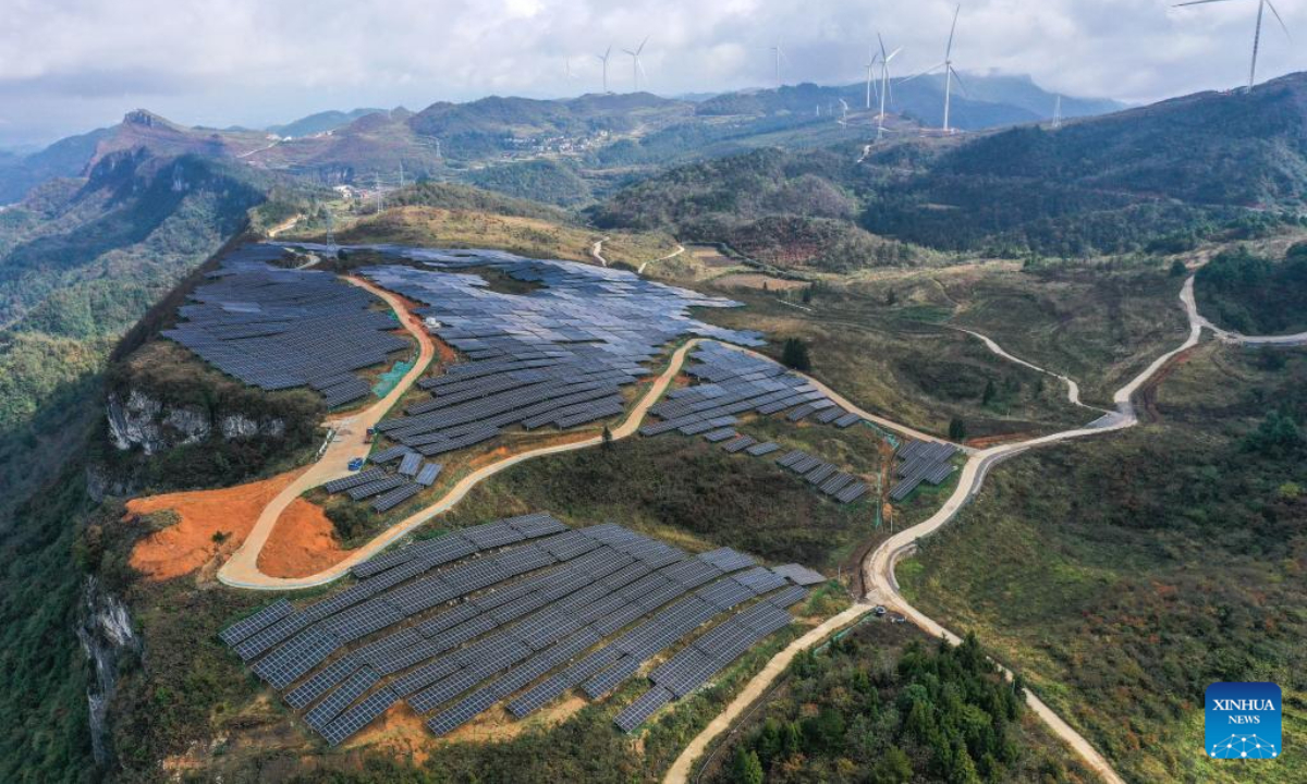 This aerial photo taken on Nov 16, 2023 shows the Dingdongpo wind power-photovoltaic project in Shiqian County of Tongren City, southwest China's Guizhou Province. Photo:Xinhua