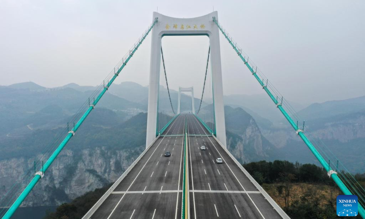 This aerial photo taken on Nov 24, 2023 shows vehicles running on the Jinfeng Wujiang River Bridge along the expressway linking Guiyang and Jinsha of southwest China's Guizhou Province and Gulin of southwest China's Sichuan Province. Photo:Xinhua