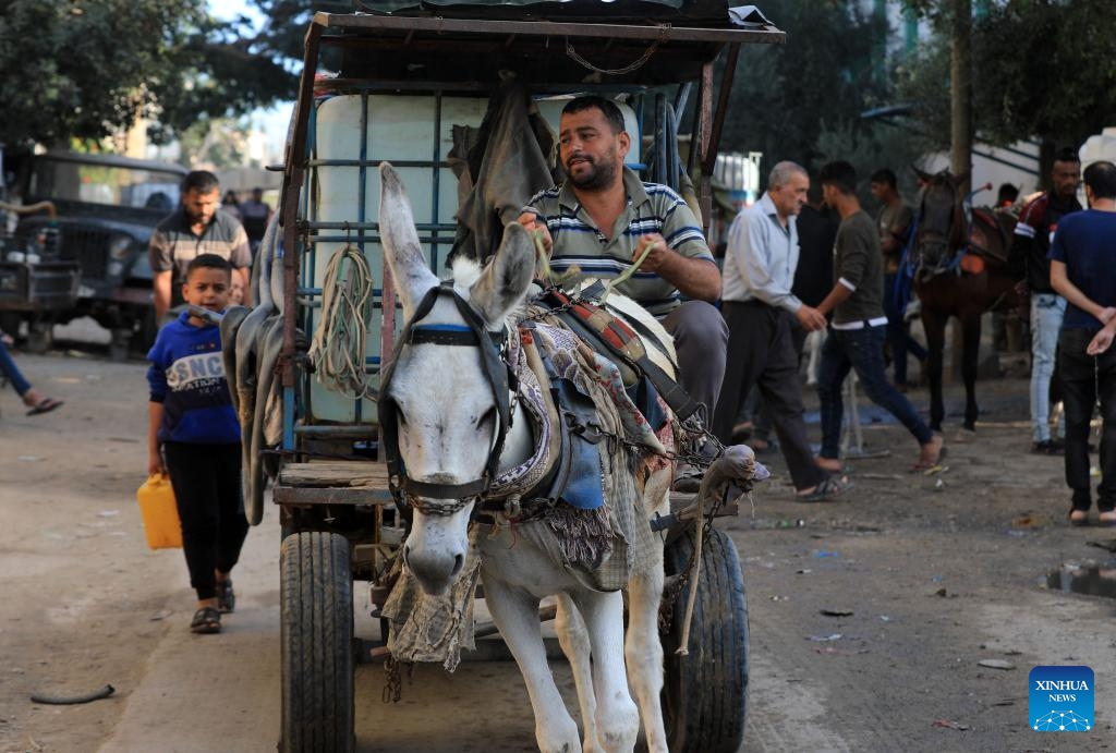 A man uses donkey-drawn cart to transport water in the southern Gaza Strip city of Khan Younis on Oct. 30, 2023. The Palestinian Islamic Resistance Movement (Hamas) launched a surprise attack on Israel on Oct. 7, firing thousands of rockets and infiltrating Israeli territory, to which Israel responded with massive airstrikes and punitive measures, including a siege on the enclave with supplies of water, electricity, fuel, and other necessities being cut off.(Photo: Xinhua)