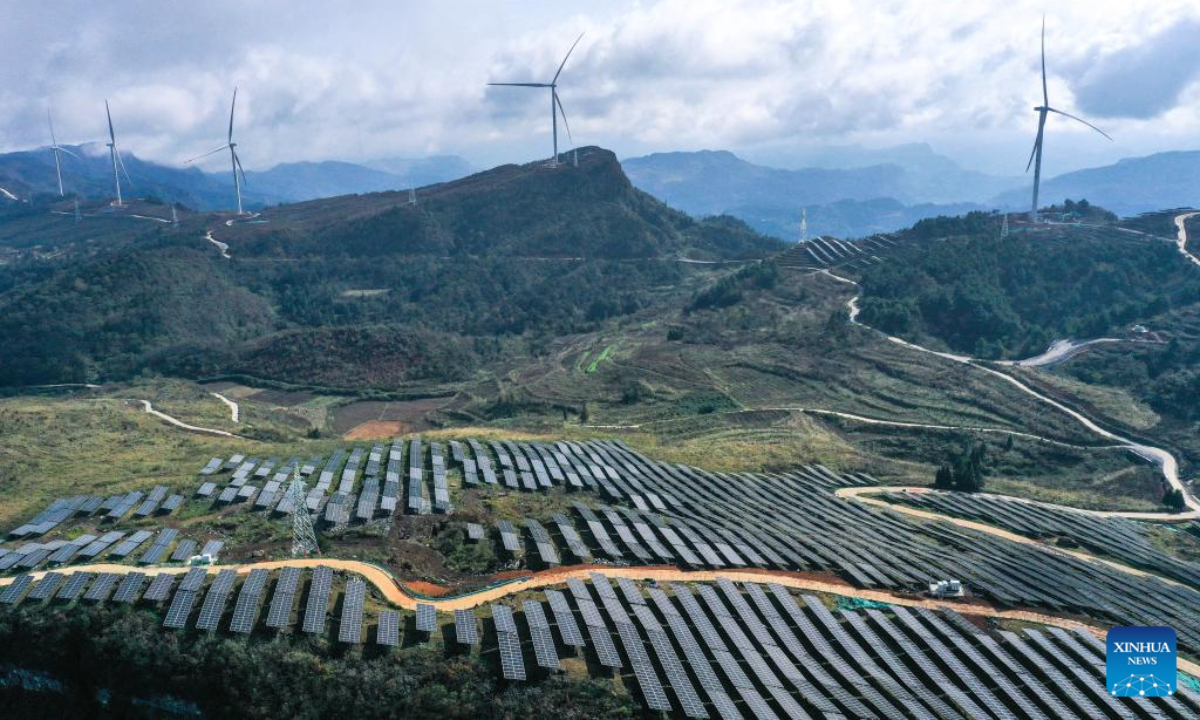 This aerial photo taken on Nov 16, 2023 shows the Dingdongpo wind power-photovoltaic project in Shiqian County of Tongren City, southwest China's Guizhou Province. Photo:Xinhua