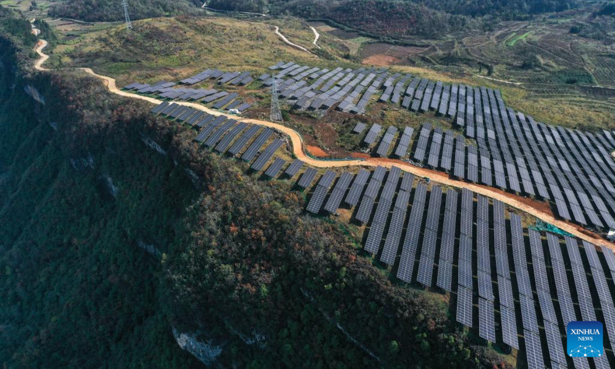 This aerial photo taken on Nov 16, 2023 shows the Dingdongpo wind power-photovoltaic project in Shiqian County of Tongren City, southwest China's Guizhou Province. Photo:Xinhua