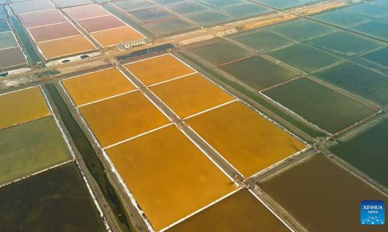 This aerial photo taken on Oct. 31, 2023 shows salt pans in the city of Yingkou, northeast China's Liaoning Province.(Photo: Xinhua)