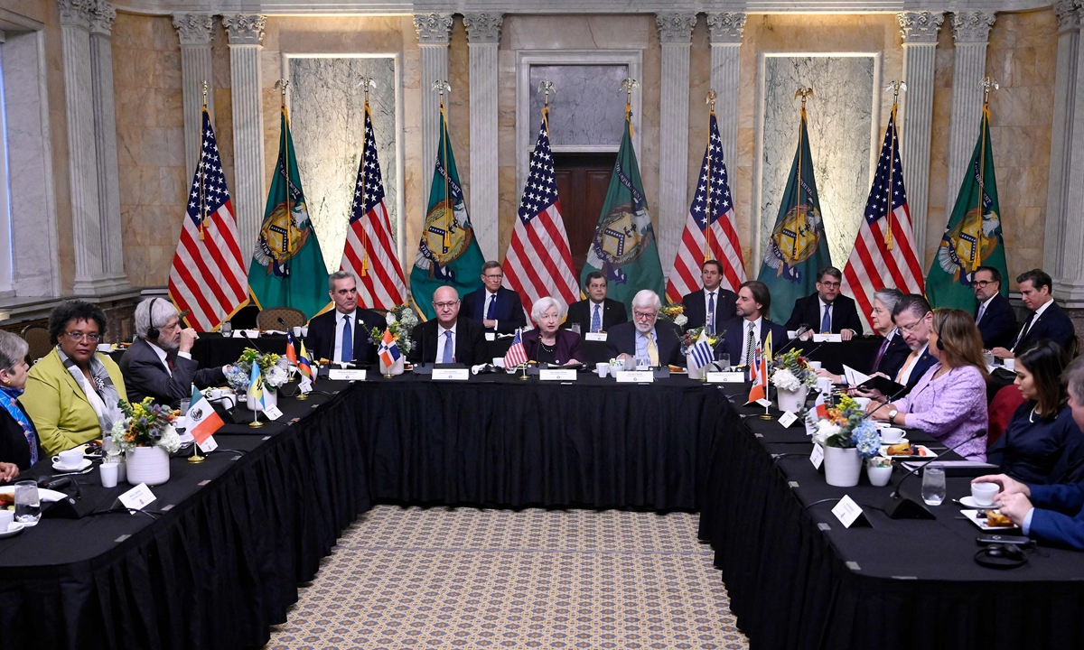 US Treasury Secretary Janet Yellen (C) hosts Leaders from Americas Partnership for Economic Prosperity (APEP) countries at the Treasury Department in Washington, DC, on November 3, 2023. She said the US will work closely with the Inter-American Development Bank (IDB) to support efforts to integrate the region's supply chains. Photo: VCG