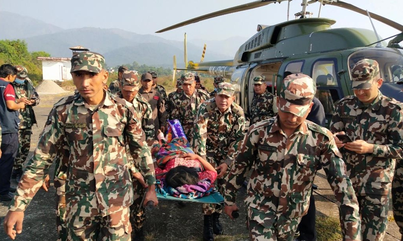 Nepal Army members conduct rescue operation in Jajarkot district of western Nepal on Nov. 4, 2023. The death toll from a strong earthquake that hit western Nepal on Friday night has risen to 143, Nepal Police said on Saturday. (Photo: Xinhua)