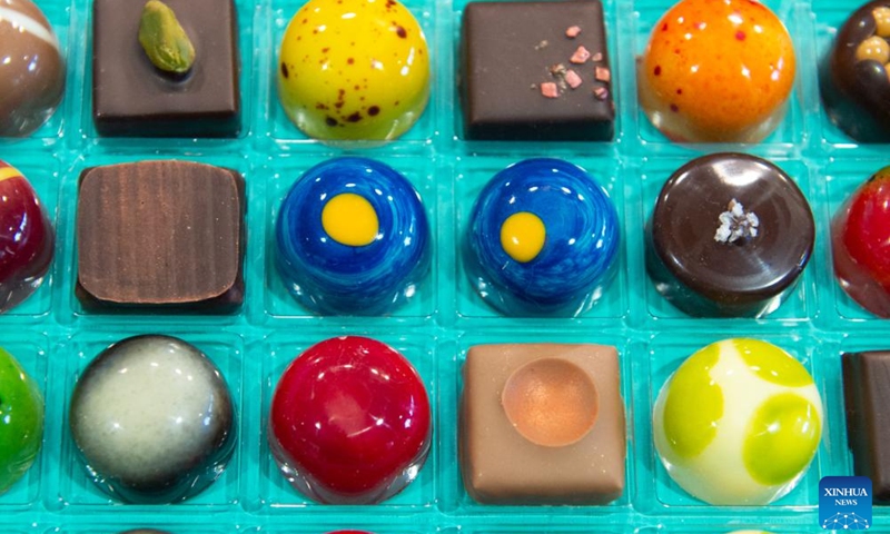 Chocolates are pictured during a chocolate salon in Madrid, Spain, Nov. 5, 2023.(Photo: Xinhua)